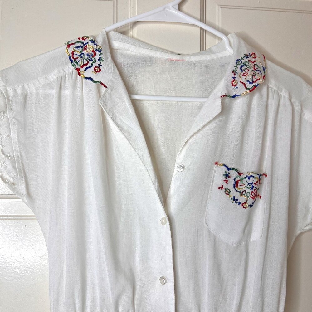 Vintage White Dress with Colorful Floral Embroidery